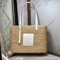 LOEWE LOE SQUARE BASKET BAG 28 IN NATURAL RAFFIA AND WHITE CALFSKIN