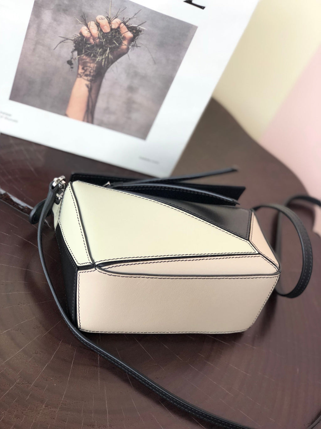 LOEWE LOE MINI 18 PUZZLE BAG IN WHITE MIX BLACK CALFSKIN
