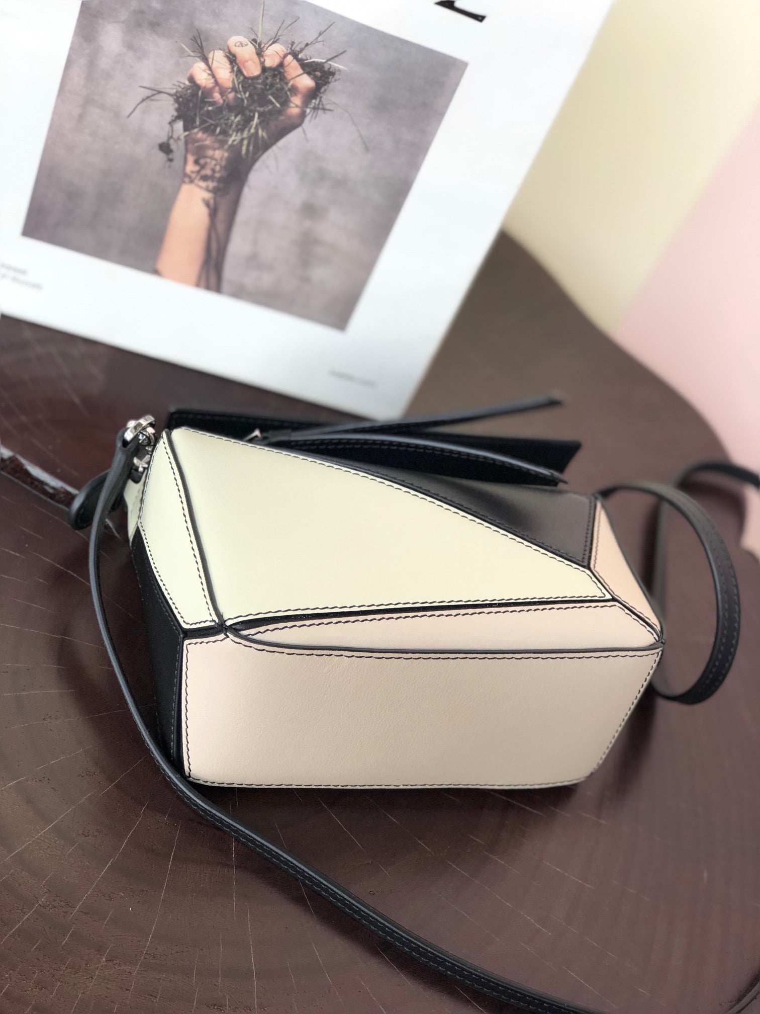 LOEWE LOE MINI 18 PUZZLE BAG IN WHITE MIX BLACK CALFSKIN