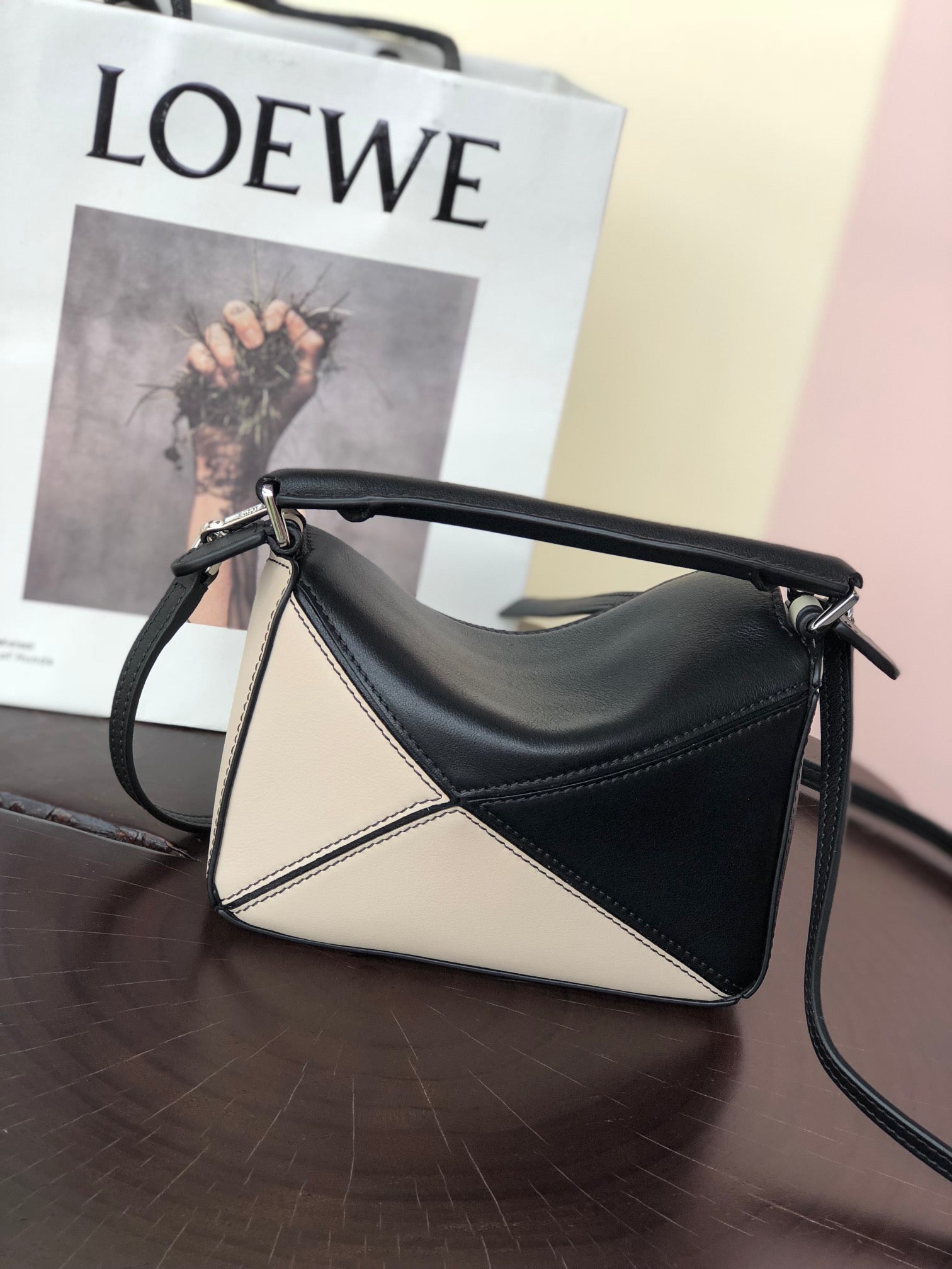 LOEWE LOE MINI 18 PUZZLE BAG IN WHITE MIX BLACK CALFSKIN