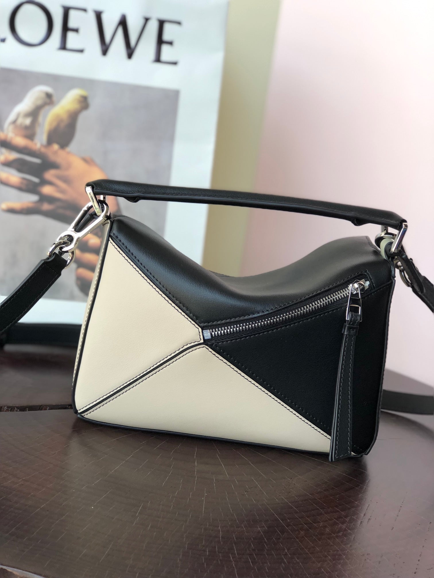 LOEWE LOE MINI 18 PUZZLE BAG IN WHITE MIX BLACK CALFSKIN