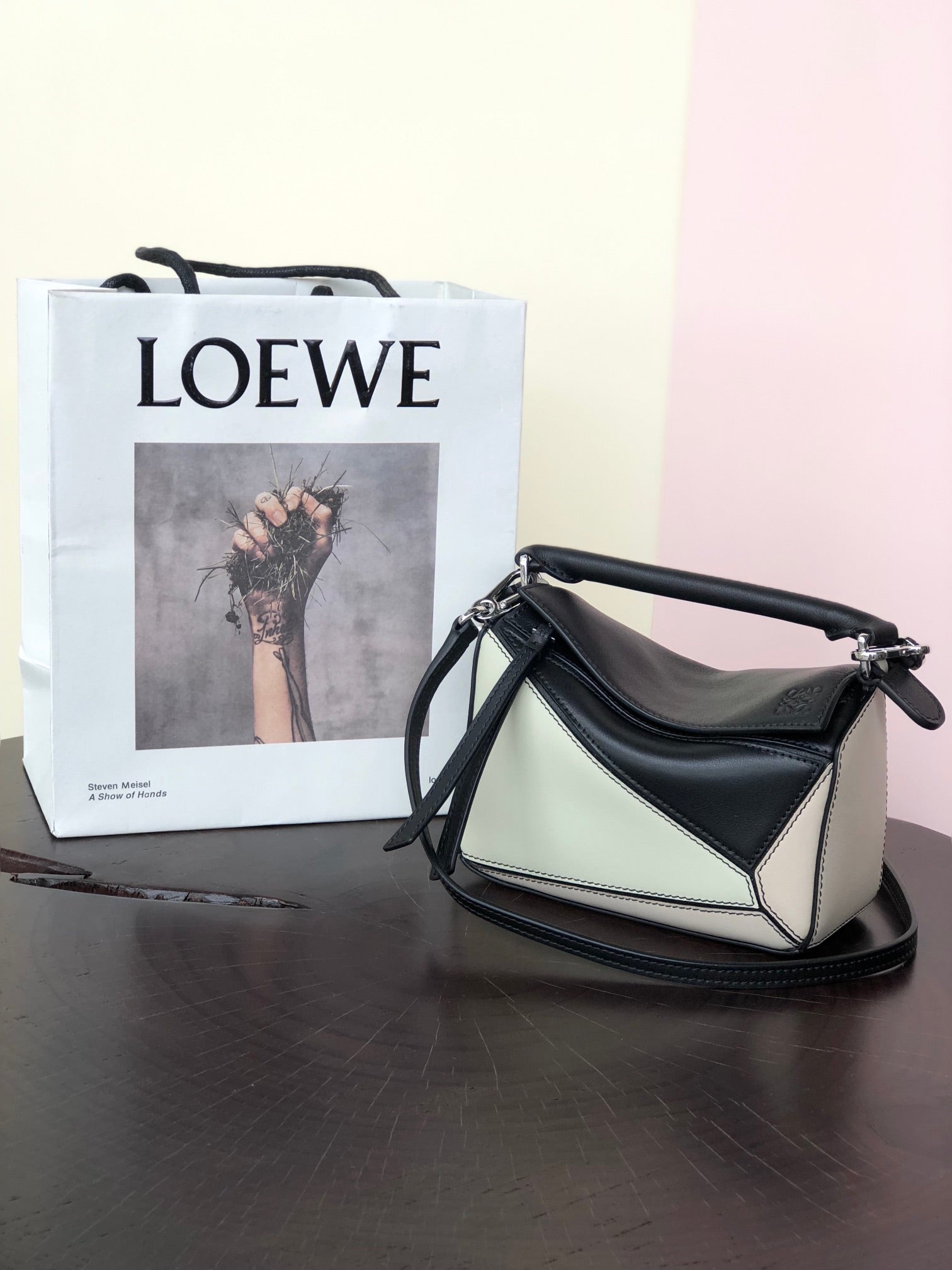 LOEWE LOE MINI 18 PUZZLE BAG IN WHITE MIX BLACK CALFSKIN