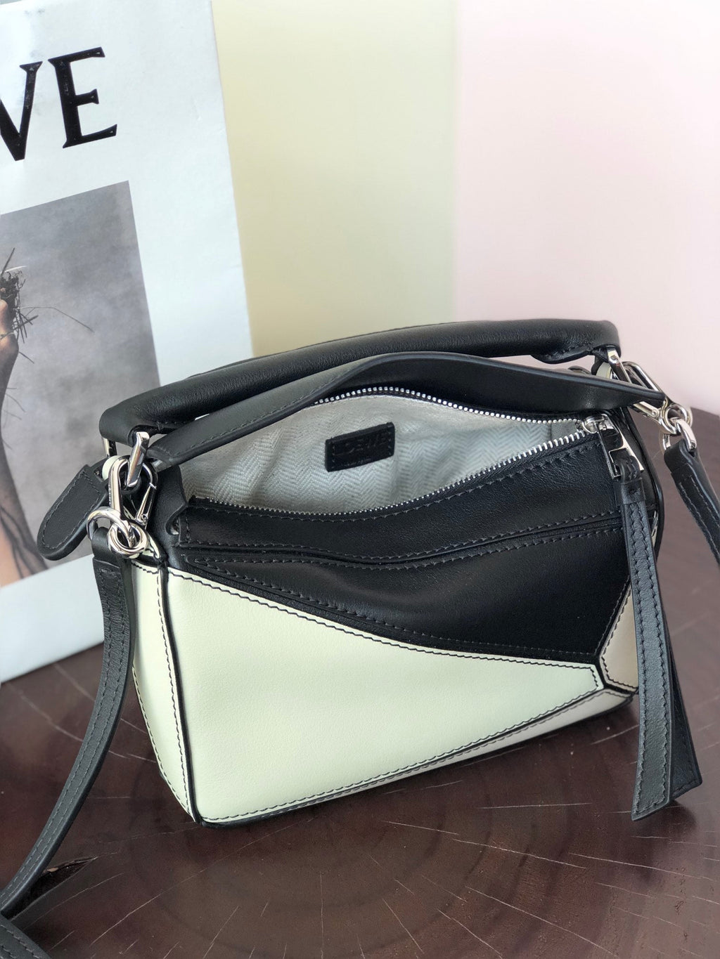 LOEWE LOE MINI 18 PUZZLE BAG IN WHITE MIX BLACK CALFSKIN