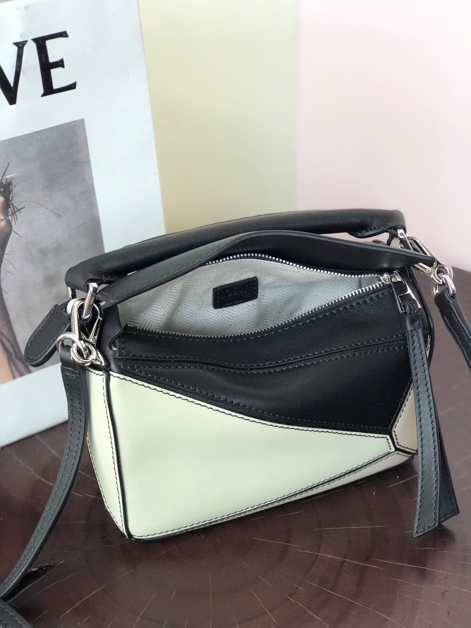 LOEWE LOE MINI 18 PUZZLE BAG IN WHITE MIX BLACK CALFSKIN