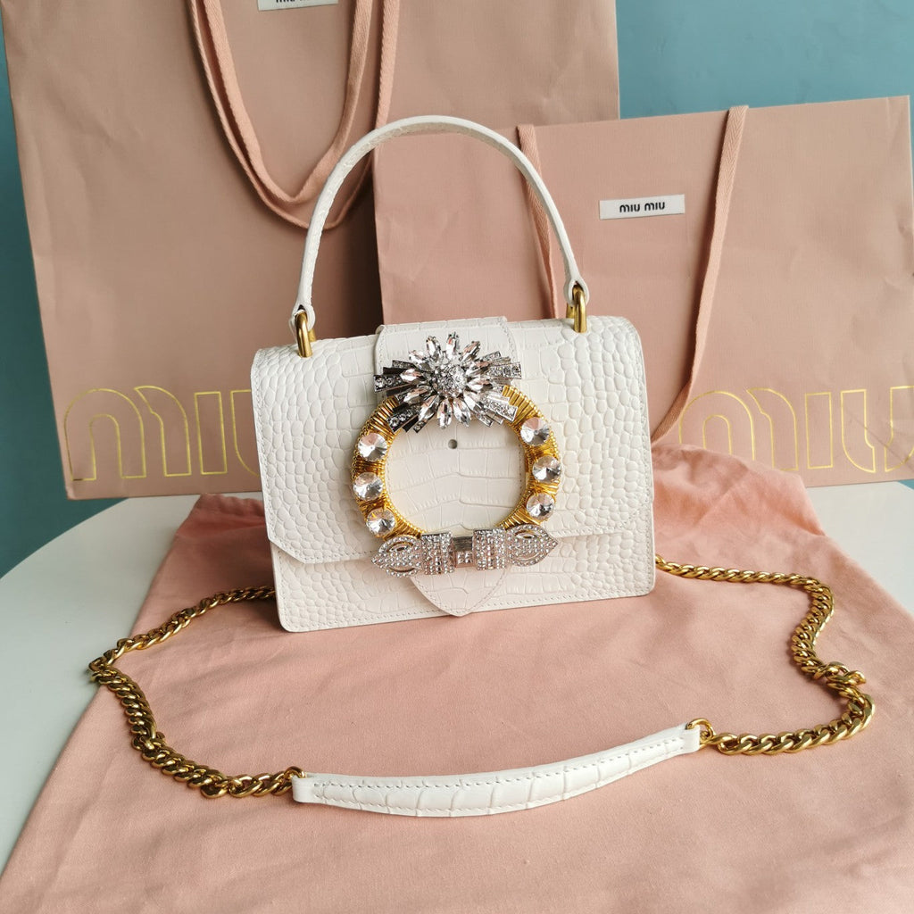 MIU MIU LADY 20 HANDBAG IN CROCODILE PATTERN WHITE CALFSKIN