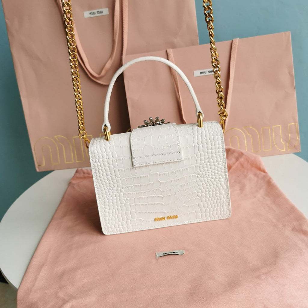 MIU MIU LADY 20 HANDBAG IN CROCODILE PATTERN WHITE CALFSKIN