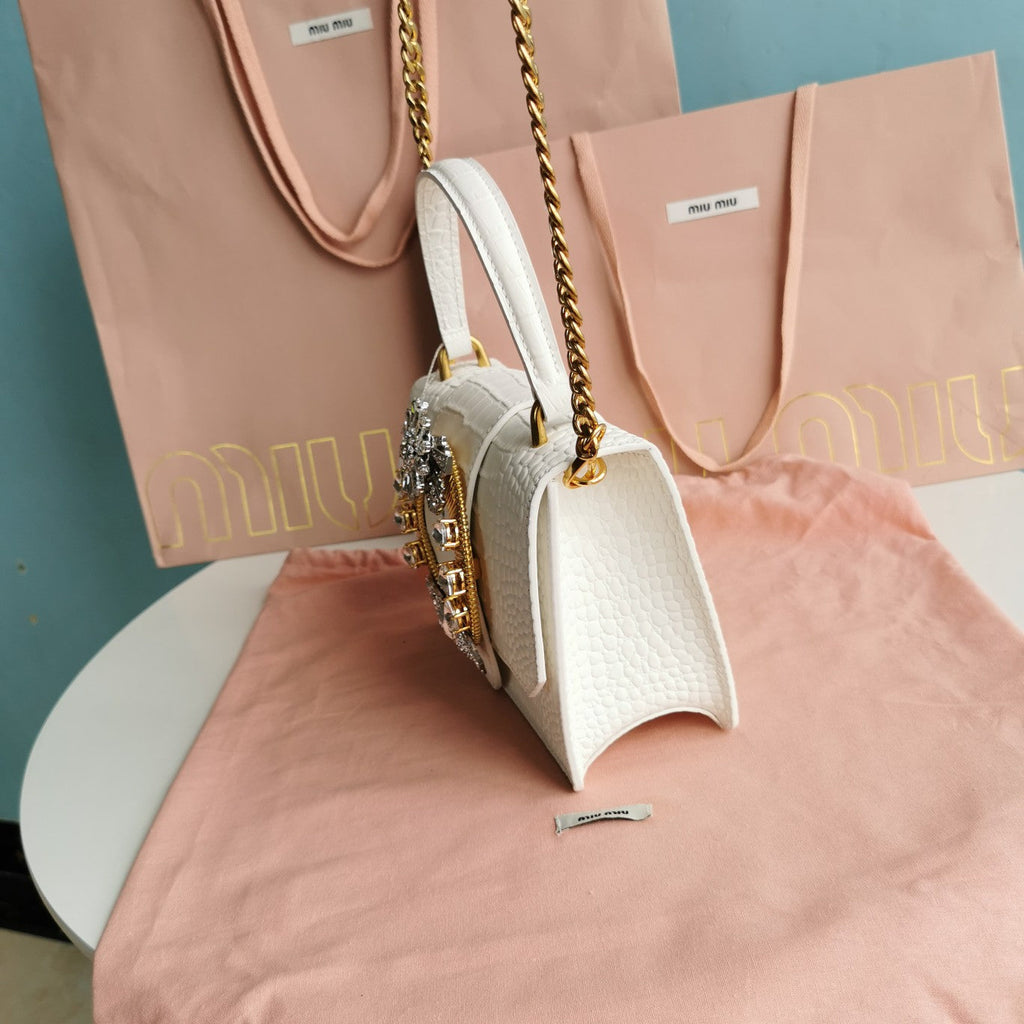 MIU MIU LADY 20 HANDBAG IN CROCODILE PATTERN WHITE CALFSKIN