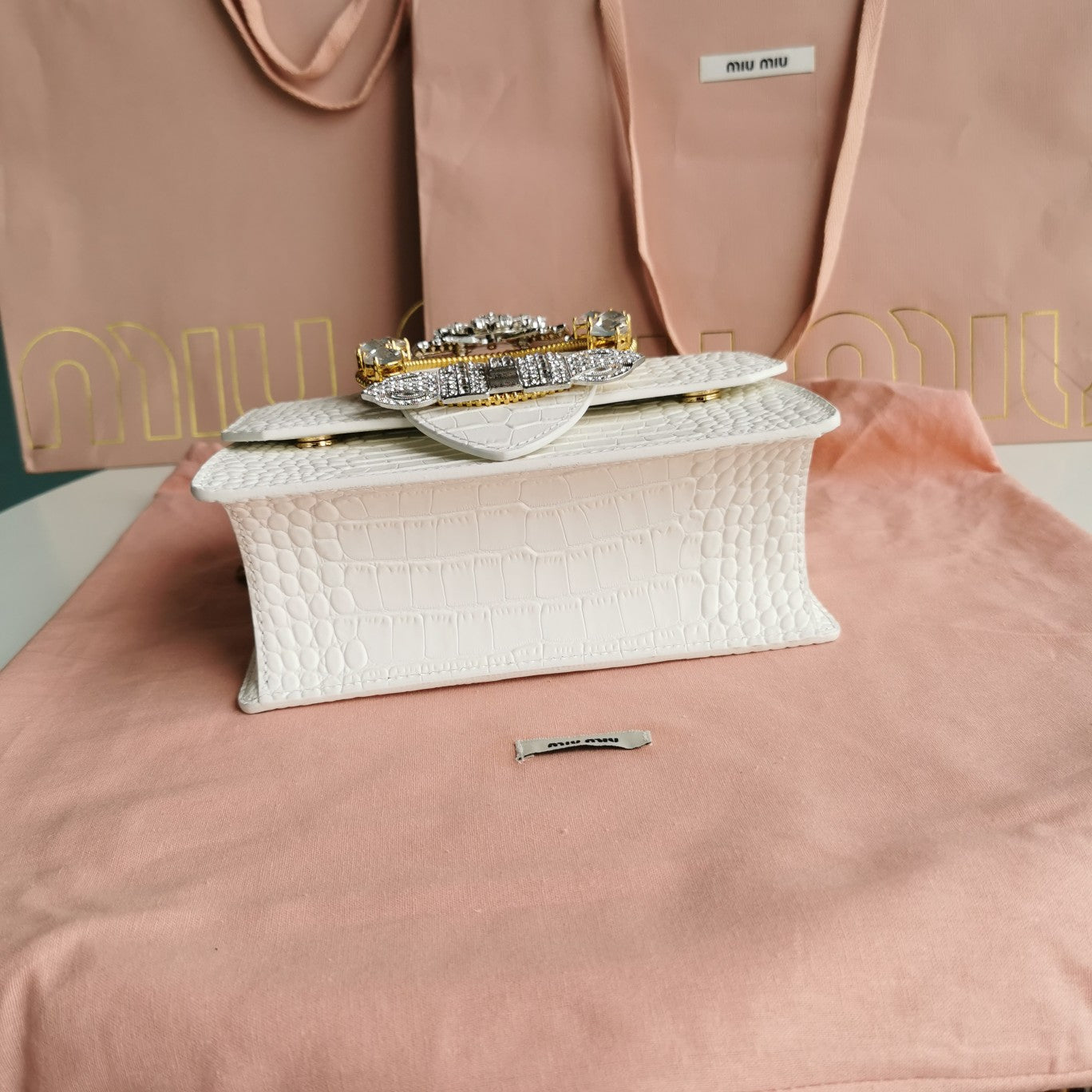 MIU MIU LADY 20 HANDBAG IN CROCODILE PATTERN WHITE CALFSKIN