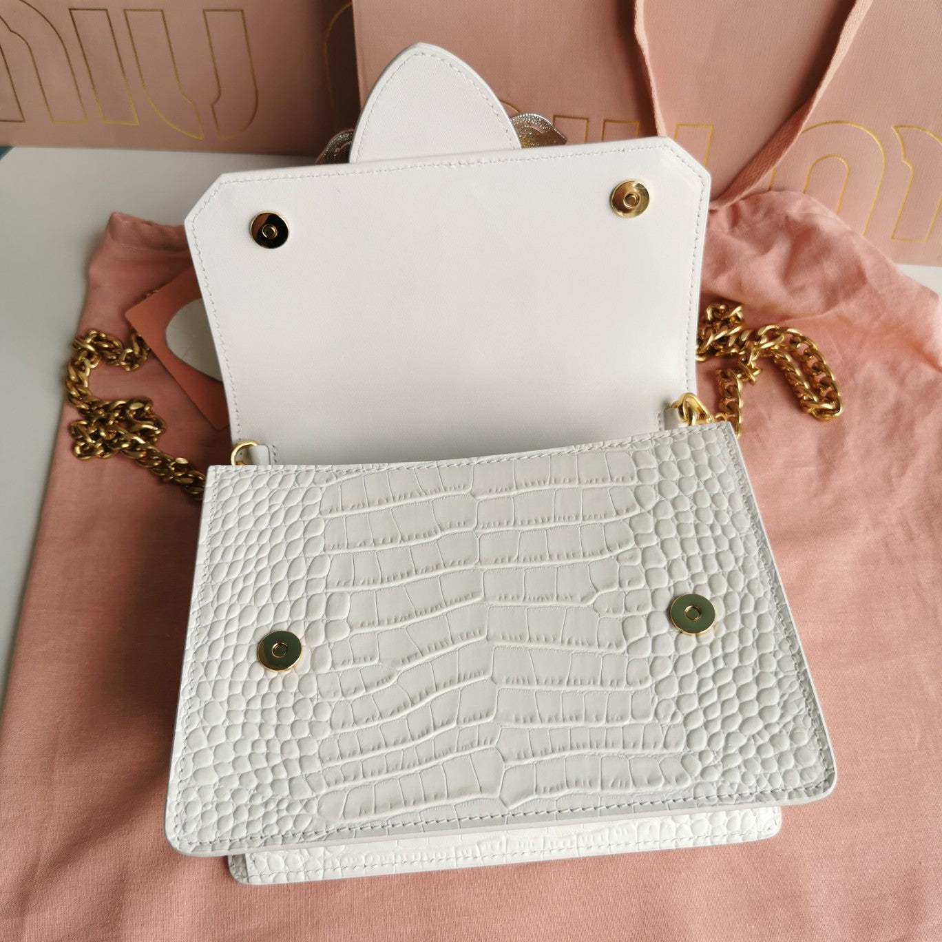 MIU MIU LADY 20 HANDBAG IN CROCODILE PATTERN WHITE CALFSKIN