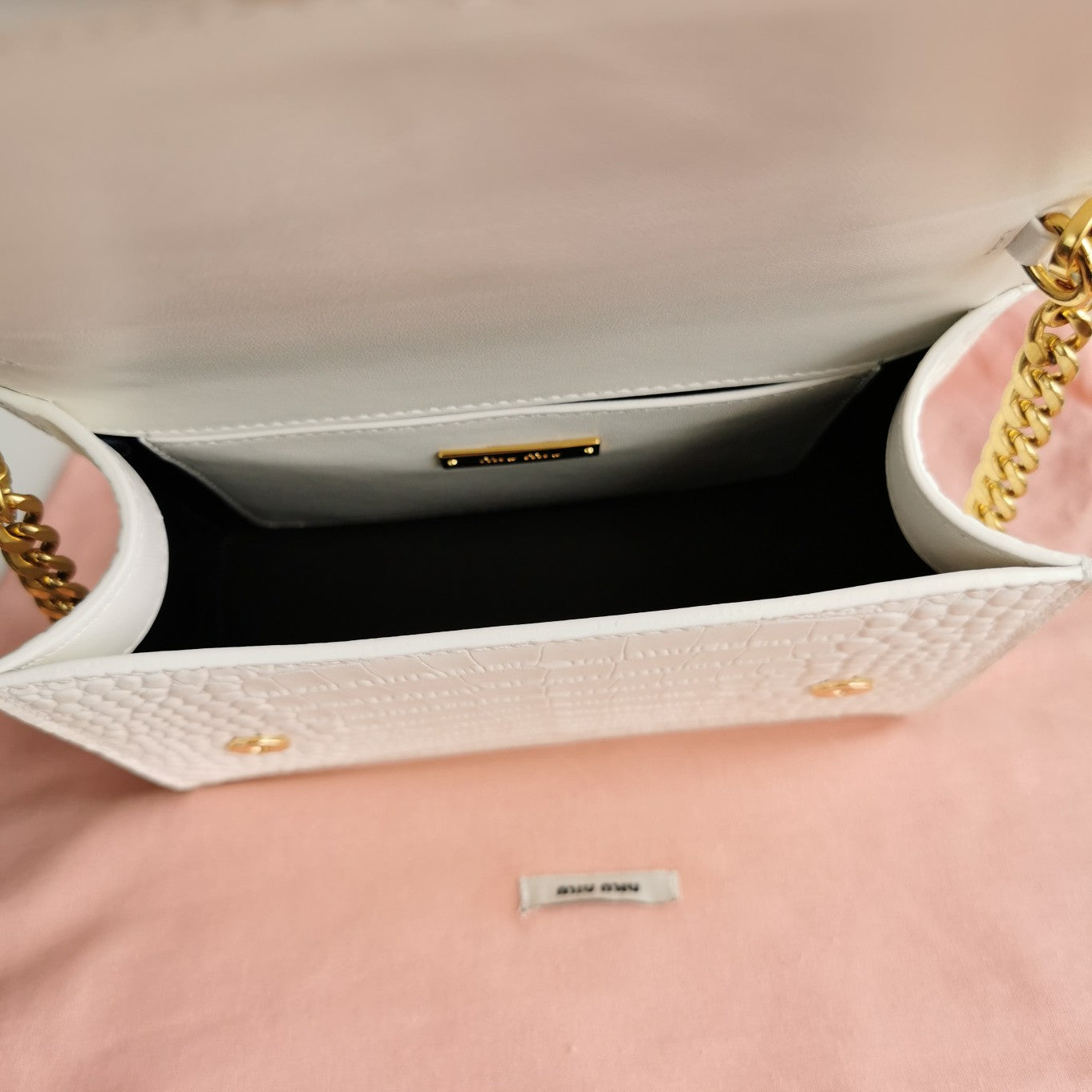 MIU MIU LADY 20 HANDBAG IN CROCODILE PATTERN WHITE CALFSKIN