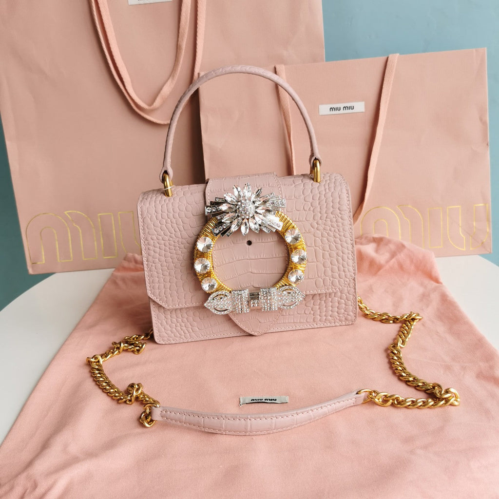 MIU MIU LADY 20 HANDBAG IN CROCODILE PATTERN PINK PASTEL CALFSKIN