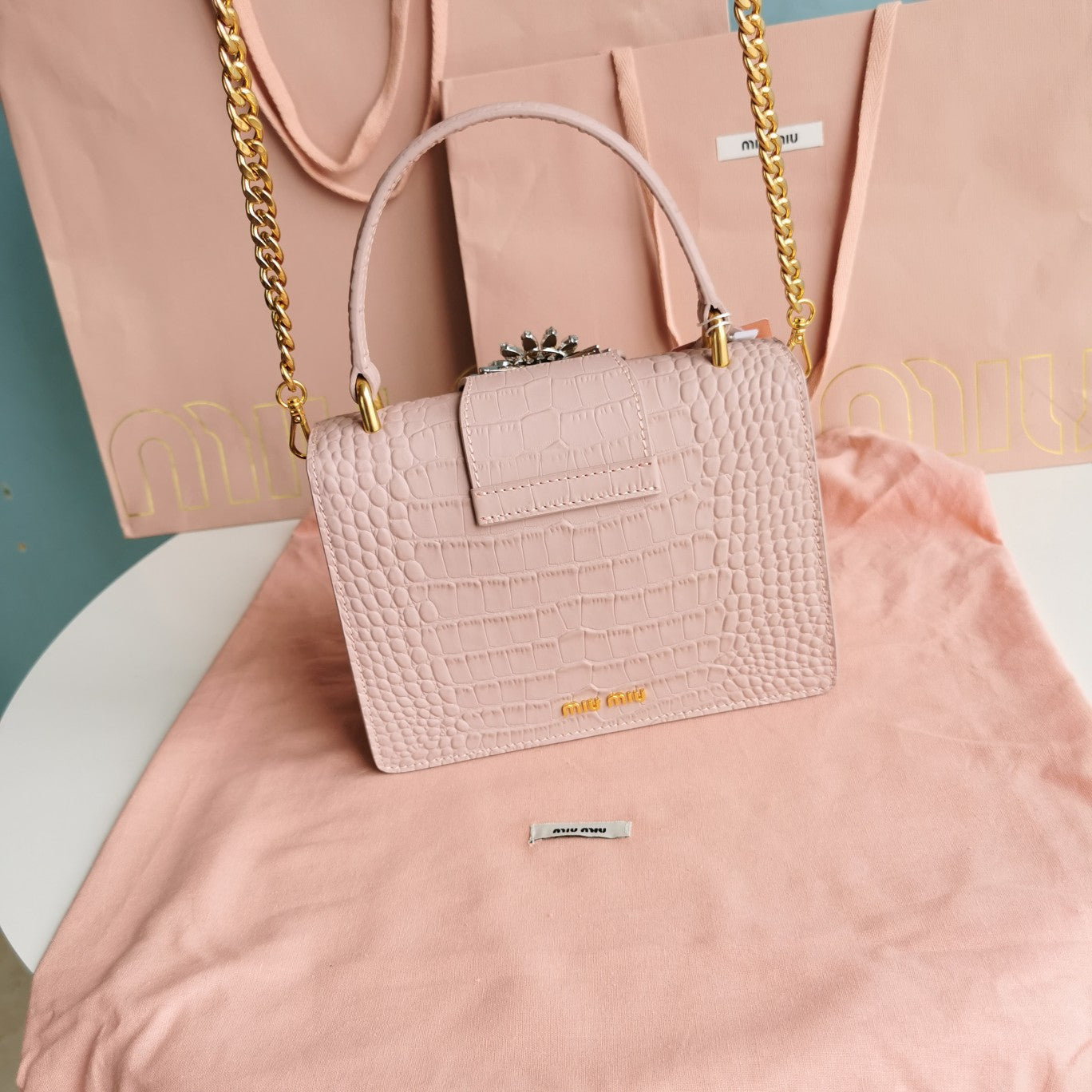 MIU MIU LADY 20 HANDBAG IN CROCODILE PATTERN PINK PASTEL CALFSKIN