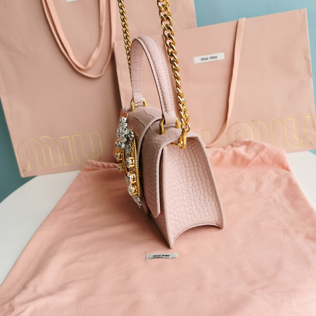 MIU MIU LADY 20 HANDBAG IN CROCODILE PATTERN PINK PASTEL CALFSKIN