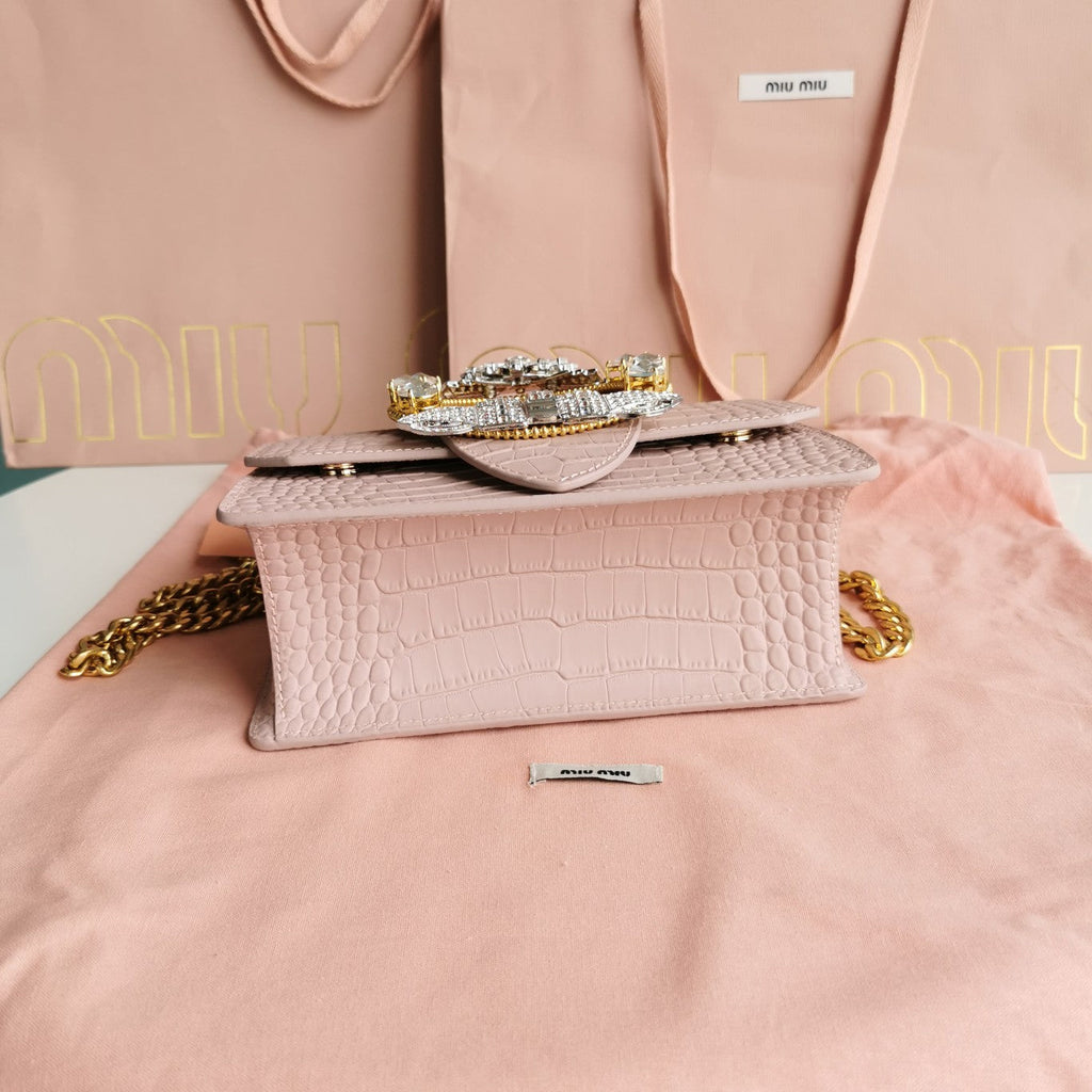 MIU MIU LADY 20 HANDBAG IN CROCODILE PATTERN PINK PASTEL CALFSKIN