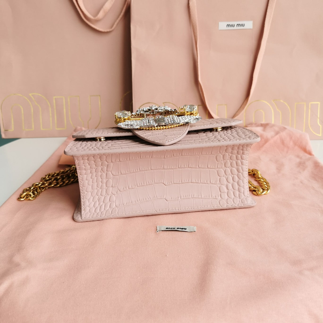 MIU MIU LADY 20 HANDBAG IN CROCODILE PATTERN PINK PASTEL CALFSKIN