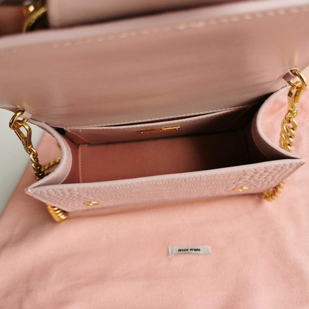 MIU MIU LADY 20 HANDBAG IN CROCODILE PATTERN PINK PASTEL CALFSKIN