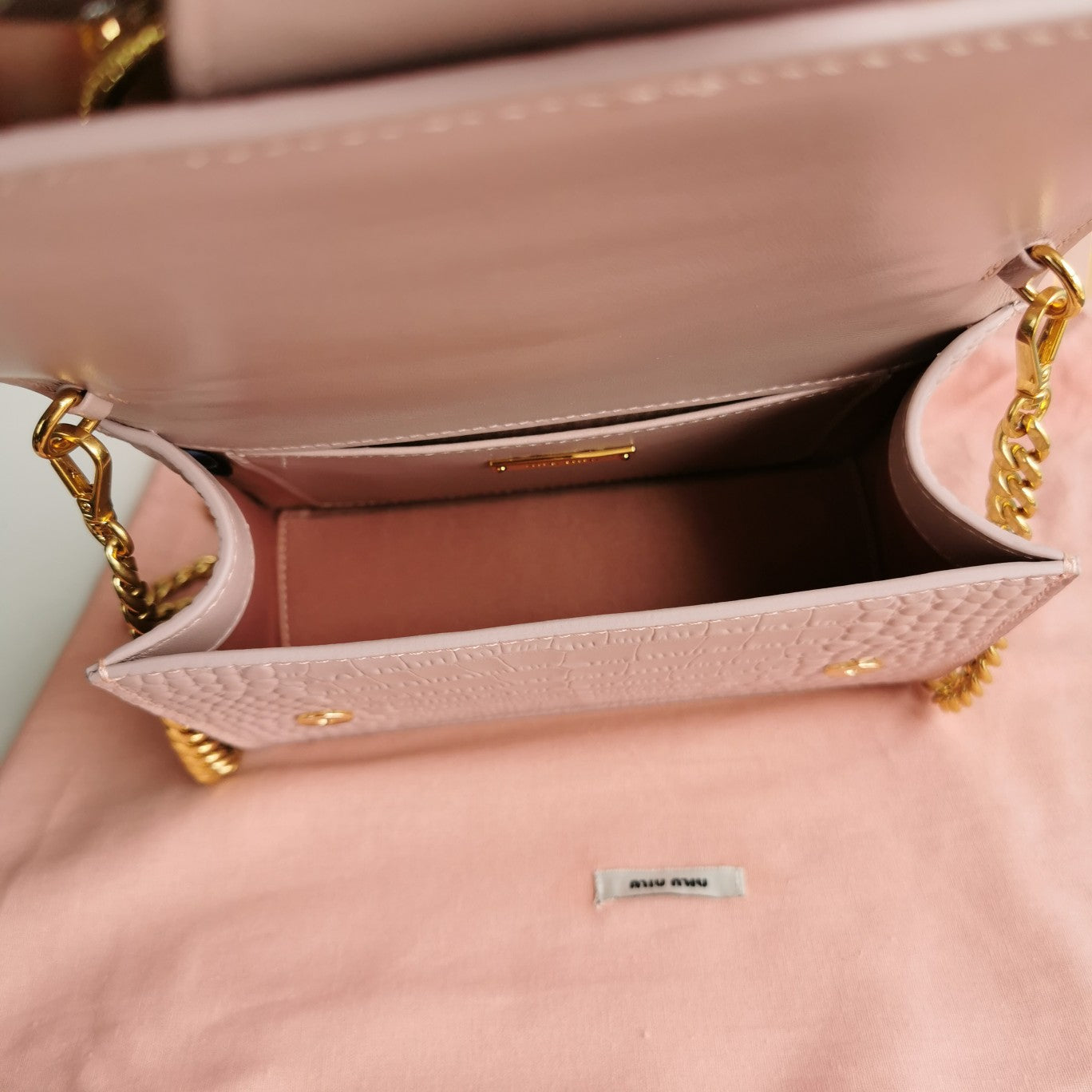 MIU MIU LADY 20 HANDBAG IN CROCODILE PATTERN PINK PASTEL CALFSKIN