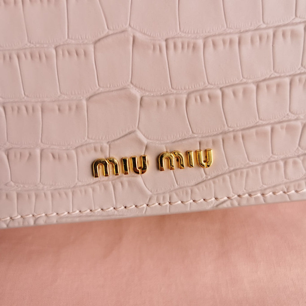 MIU MIU LADY 20 HANDBAG IN CROCODILE PATTERN PINK PASTEL CALFSKIN