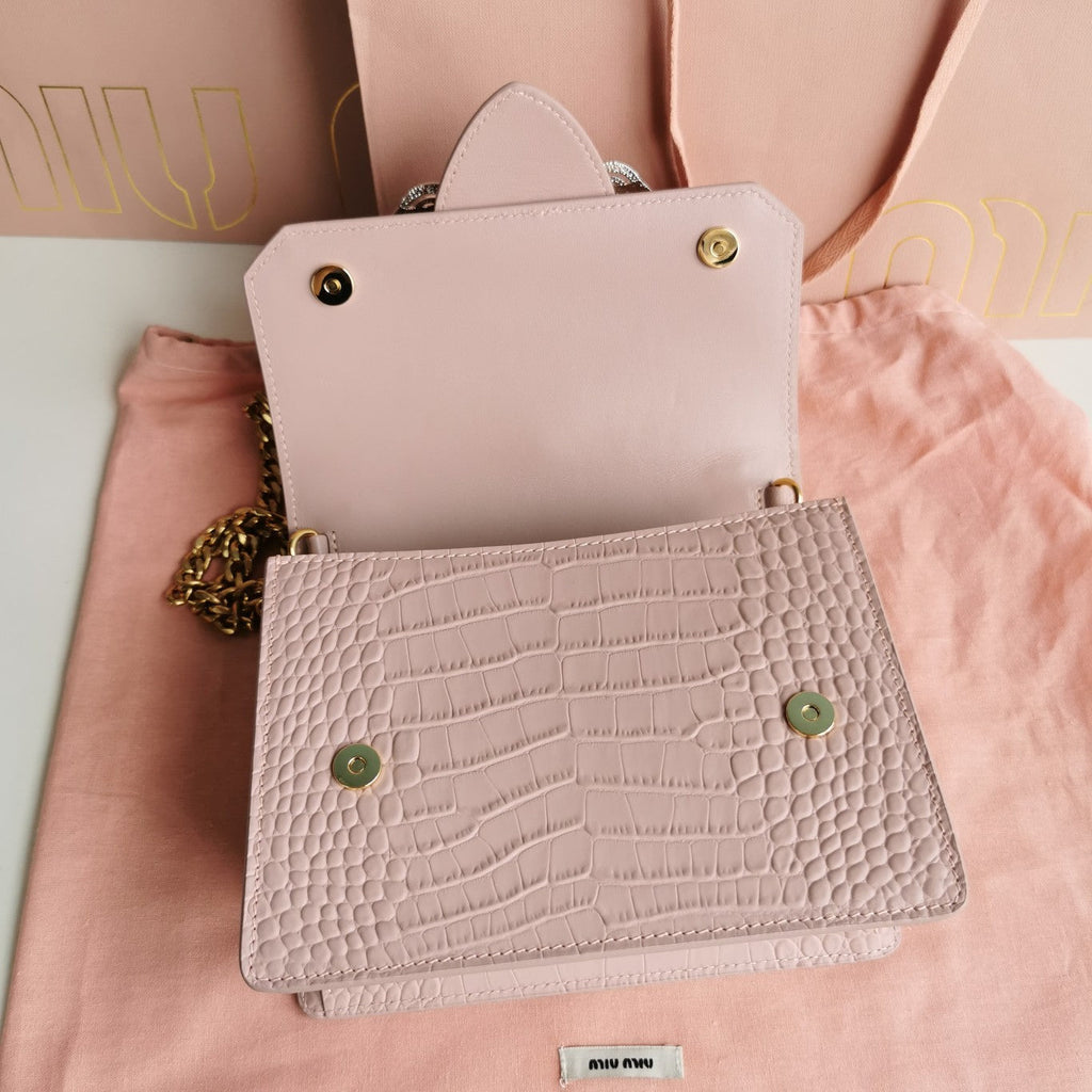 MIU MIU LADY 20 HANDBAG IN CROCODILE PATTERN PINK PASTEL CALFSKIN