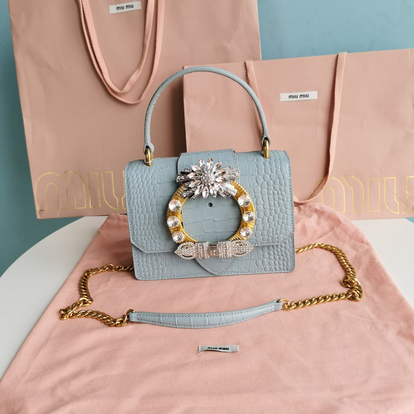 MIU MIU LADY 20 HANDBAG IN CROCODILE PATTERN BLUE MINT CALFSKIN