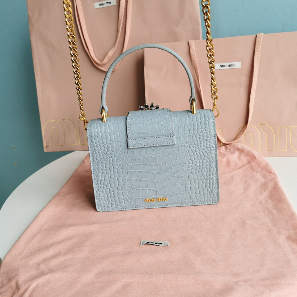 MIU MIU LADY 20 HANDBAG IN CROCODILE PATTERN BLUE MINT CALFSKIN