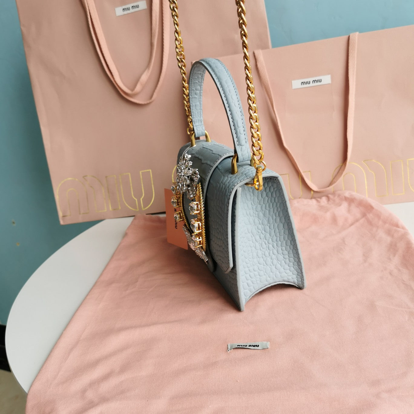 MIU MIU LADY 20 HANDBAG IN CROCODILE PATTERN BLUE MINT CALFSKIN