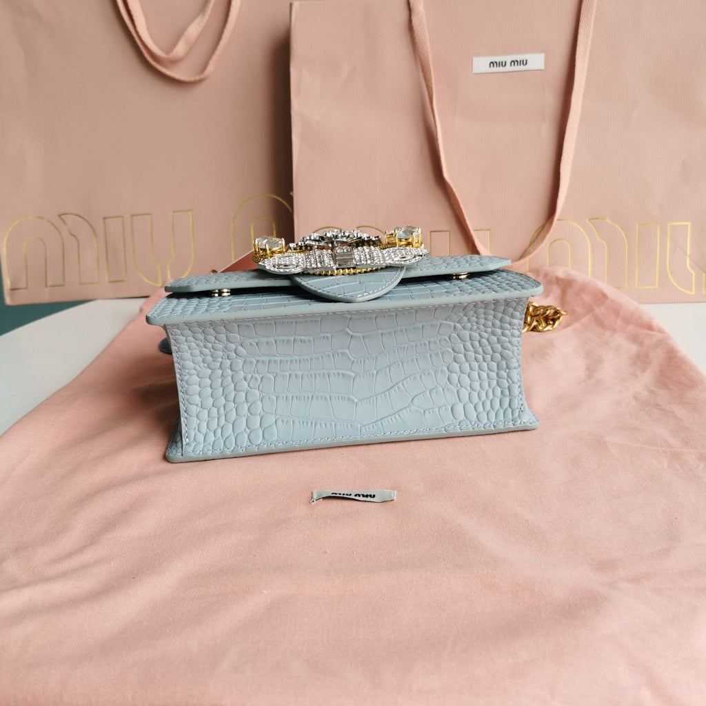 MIU MIU LADY 20 HANDBAG IN CROCODILE PATTERN BLUE MINT CALFSKIN
