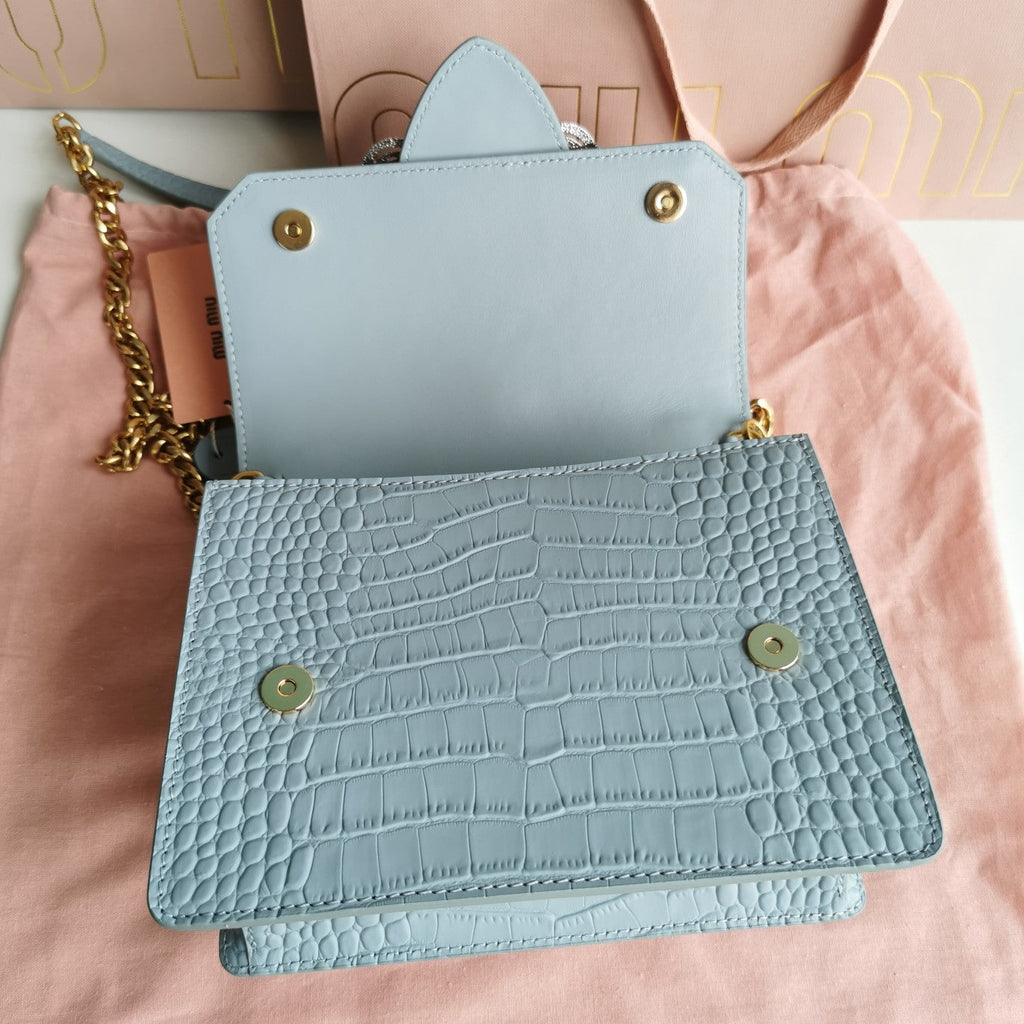 MIU MIU LADY 20 HANDBAG IN CROCODILE PATTERN BLUE MINT CALFSKIN