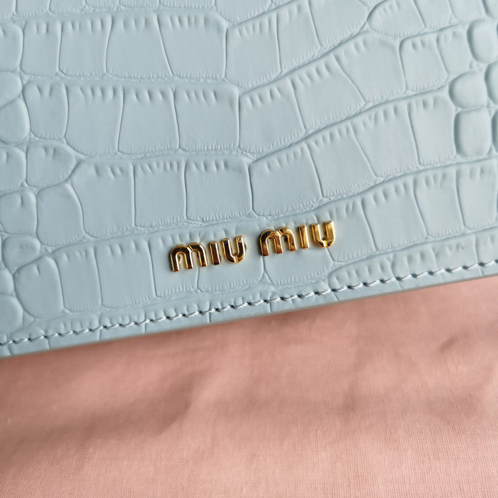 MIU MIU LADY 20 HANDBAG IN CROCODILE PATTERN BLUE MINT CALFSKIN