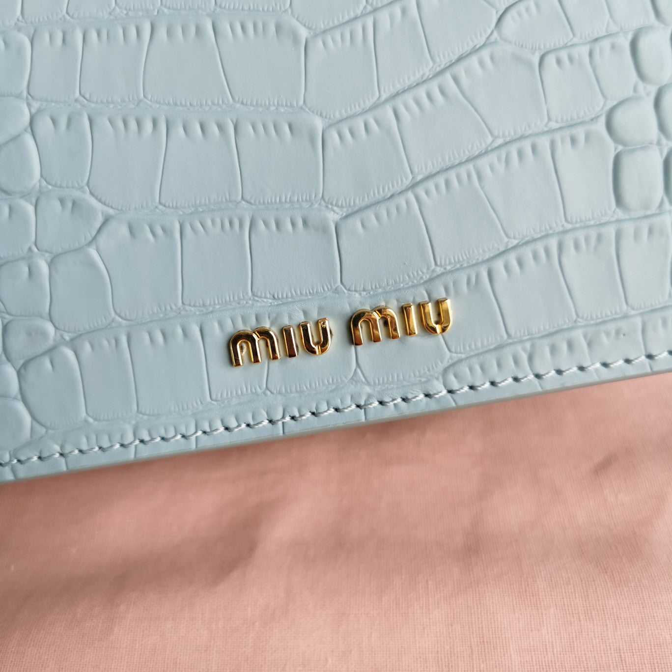 MIU MIU LADY 20 HANDBAG IN CROCODILE PATTERN BLUE MINT CALFSKIN