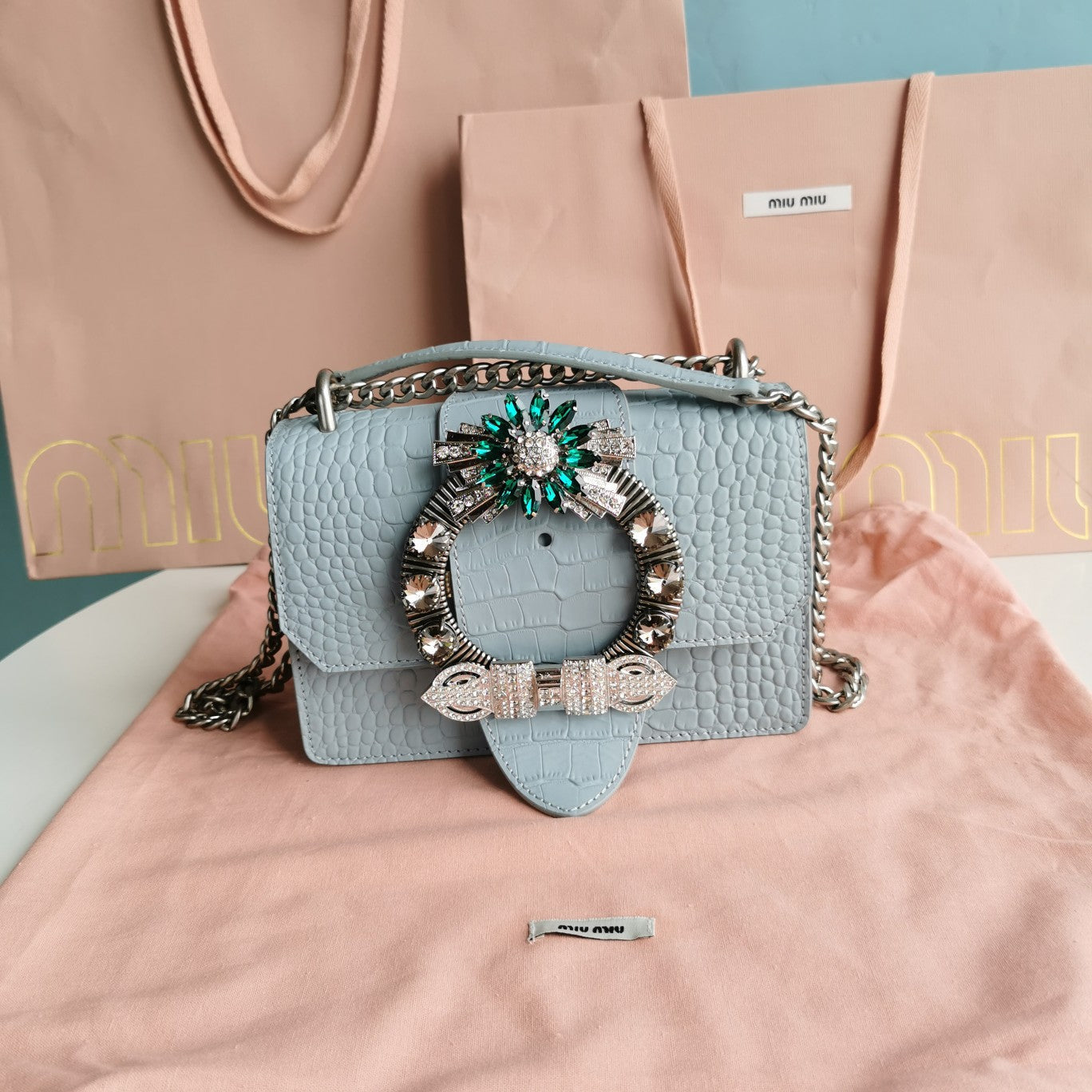 MIU MIU LADY 20 HANDBAG IN CROCODILE PATTERN BLUE PASTEL CALFSKIN