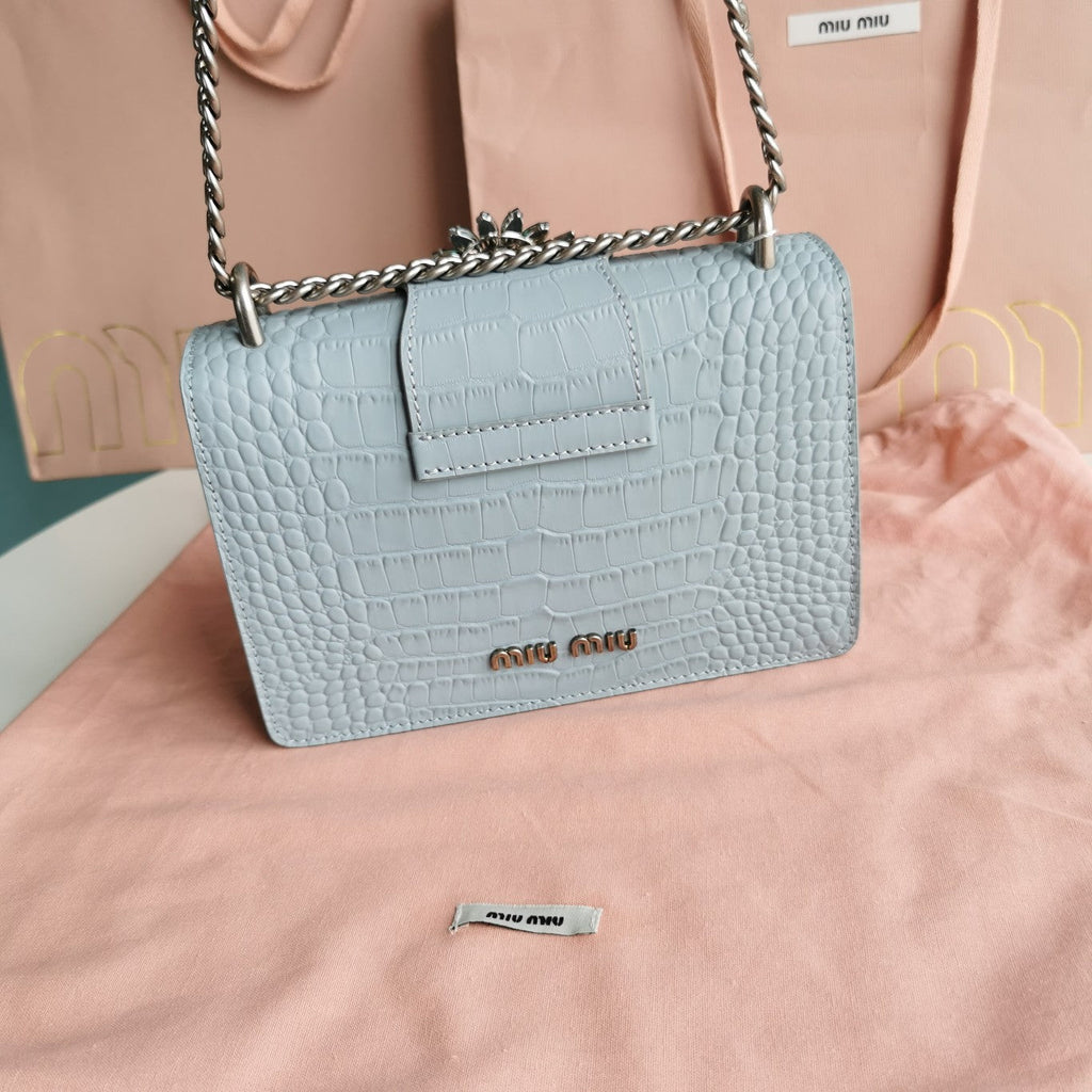 MIU MIU LADY 20 HANDBAG IN CROCODILE PATTERN BLUE PASTEL CALFSKIN