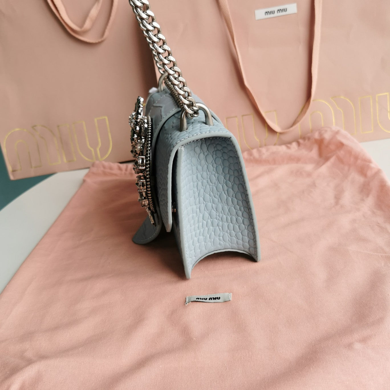 MIU MIU LADY 20 HANDBAG IN CROCODILE PATTERN BLUE PASTEL CALFSKIN