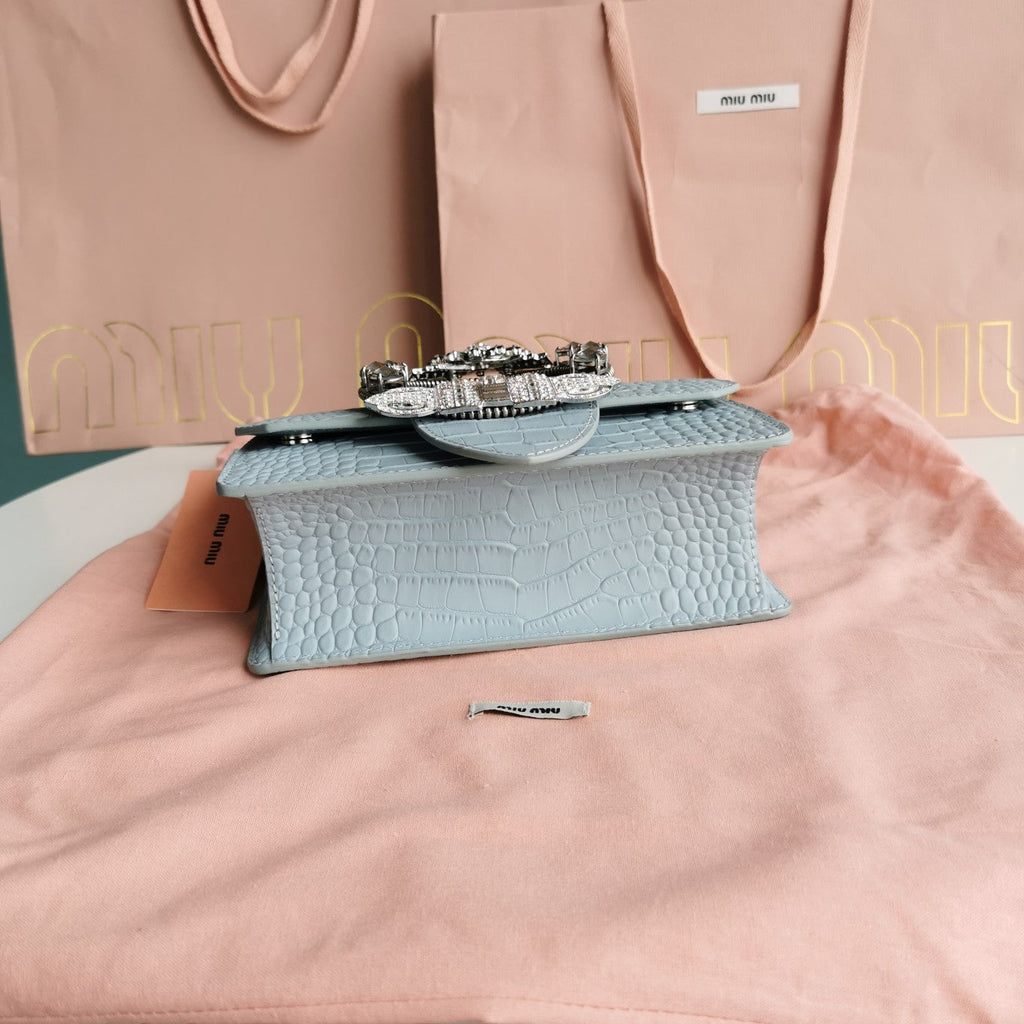 MIU MIU LADY 20 HANDBAG IN CROCODILE PATTERN BLUE PASTEL CALFSKIN