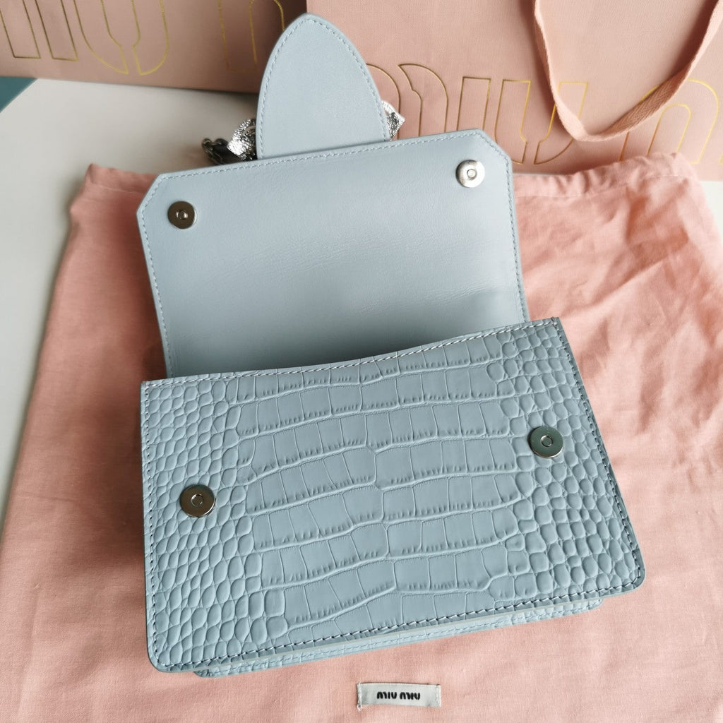 MIU MIU LADY 20 HANDBAG IN CROCODILE PATTERN BLUE PASTEL CALFSKIN
