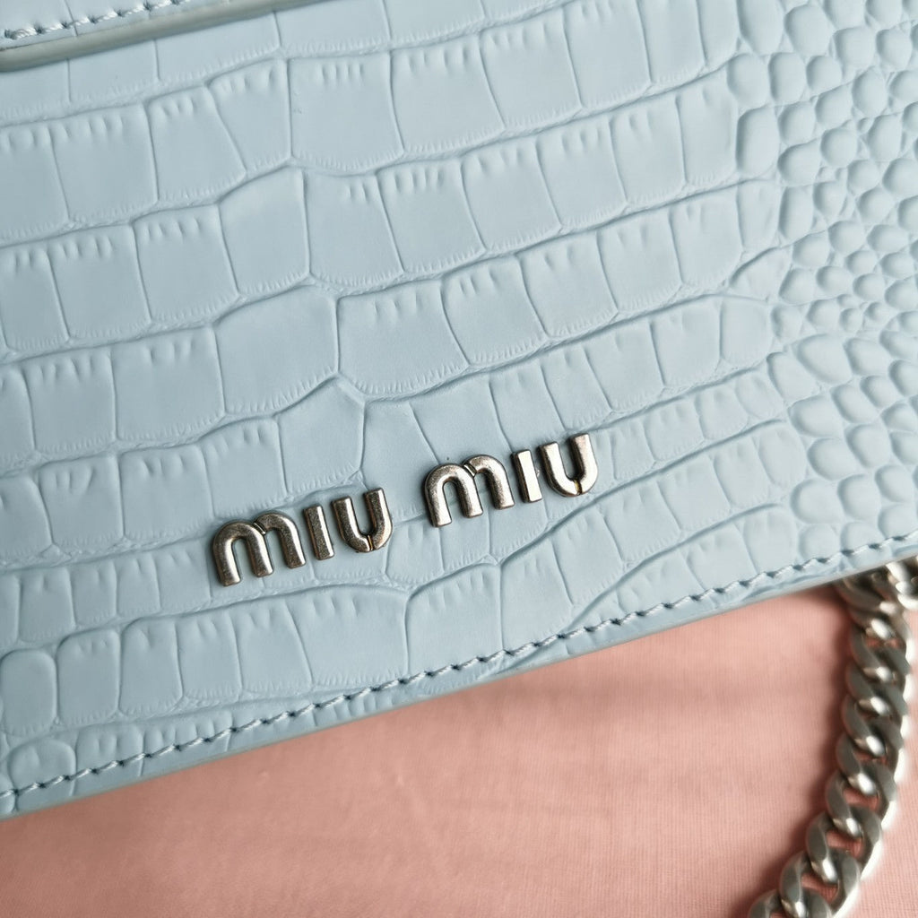 MIU MIU LADY 20 HANDBAG IN CROCODILE PATTERN BLUE PASTEL CALFSKIN