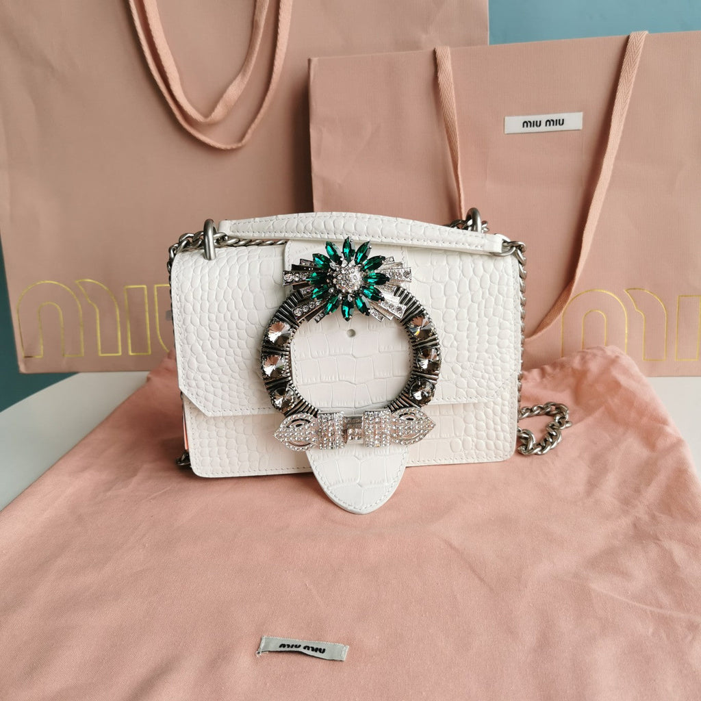 MIU MIU LADY 20 HANDBAG IN CROCODILE PATTERN WHITE CREAM CALFSKIN