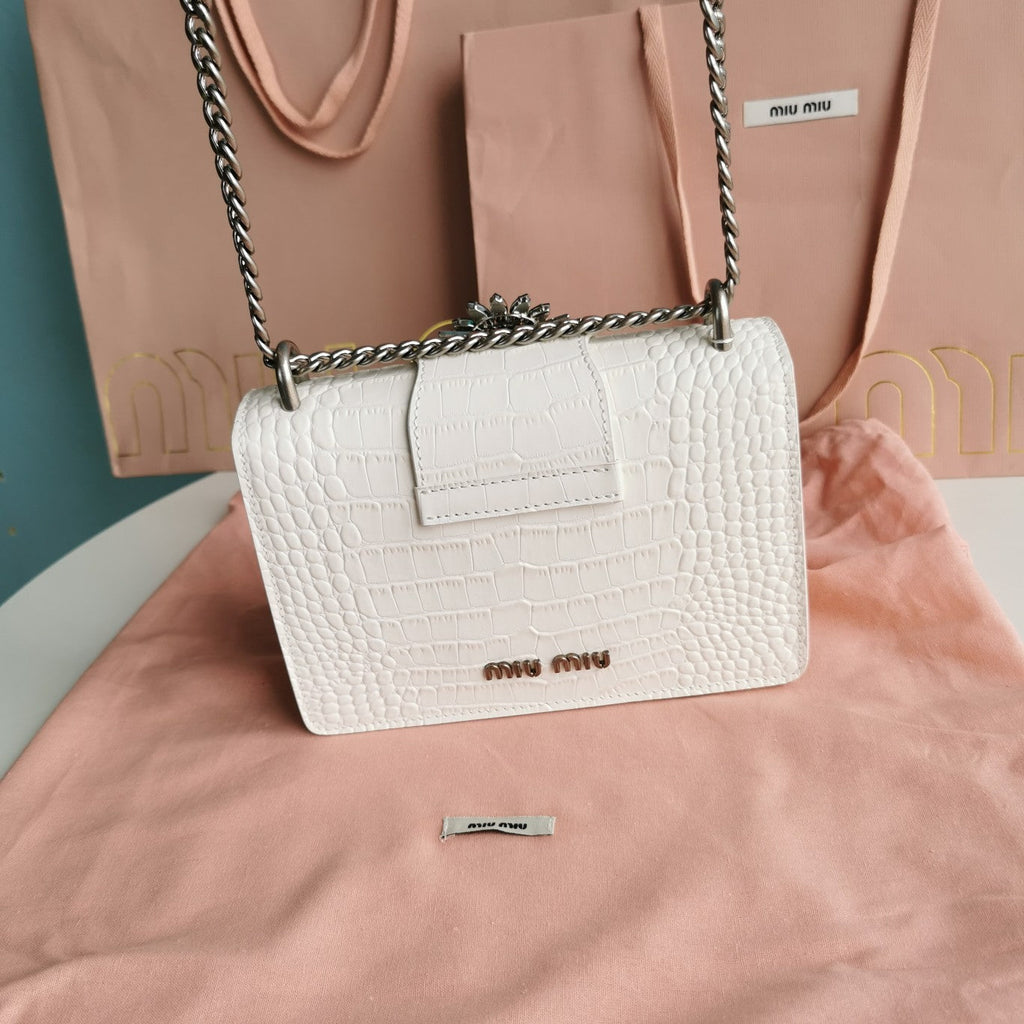 MIU MIU LADY 20 HANDBAG IN CROCODILE PATTERN WHITE CREAM CALFSKIN