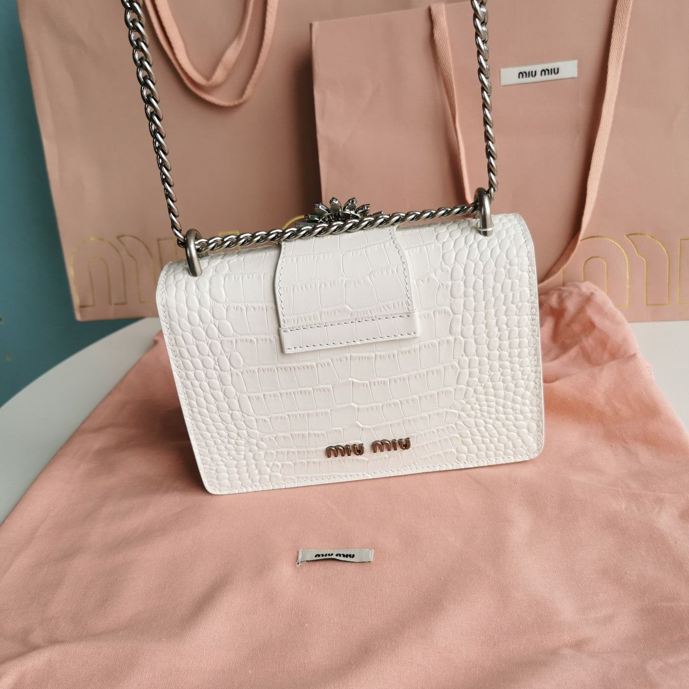 MIU MIU LADY 20 HANDBAG IN CROCODILE PATTERN WHITE CREAM CALFSKIN