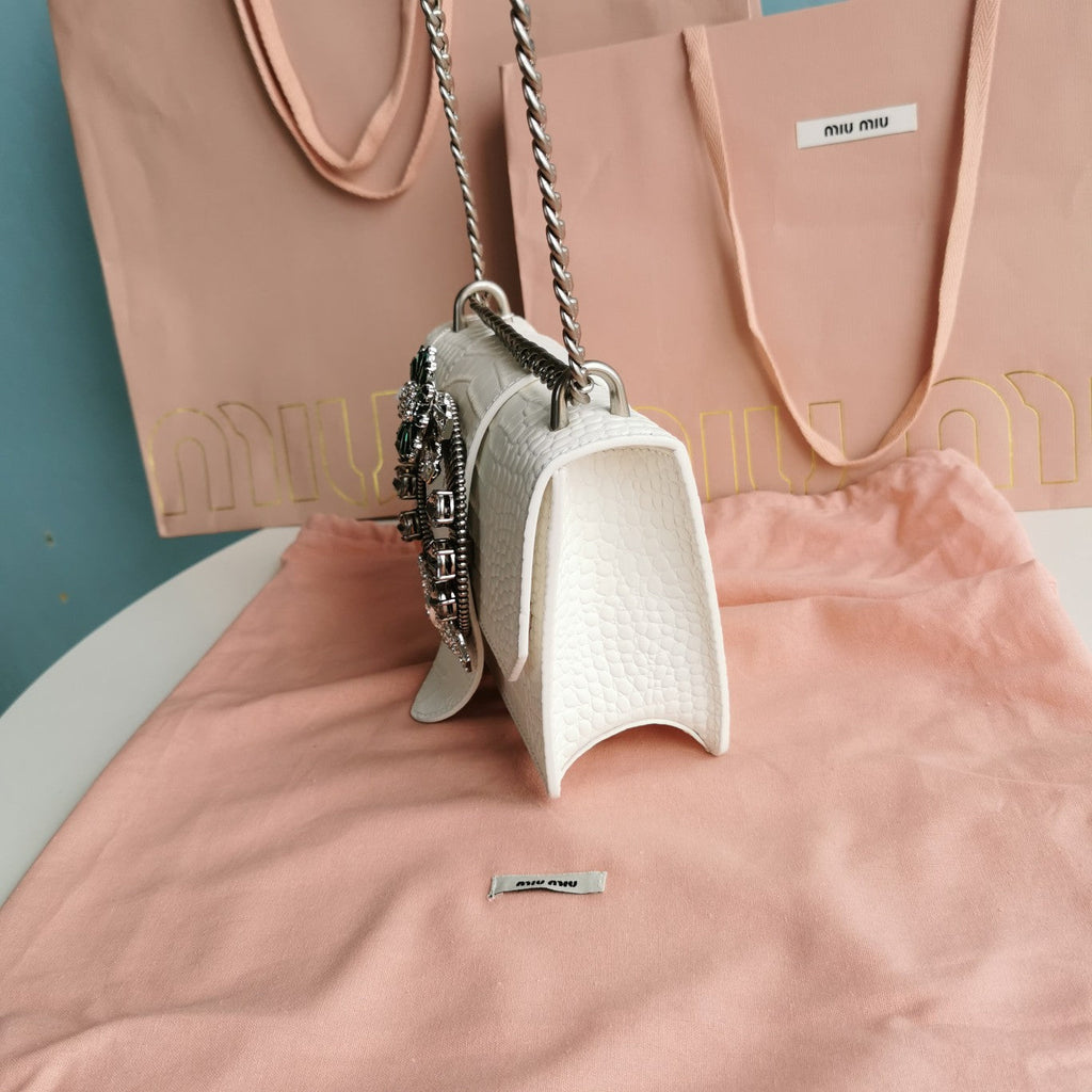 MIU MIU LADY 20 HANDBAG IN CROCODILE PATTERN WHITE CREAM CALFSKIN
