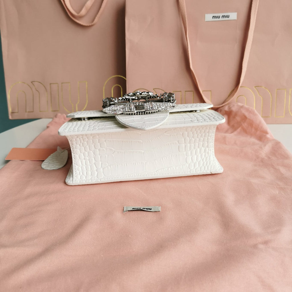 MIU MIU LADY 20 HANDBAG IN CROCODILE PATTERN WHITE CREAM CALFSKIN