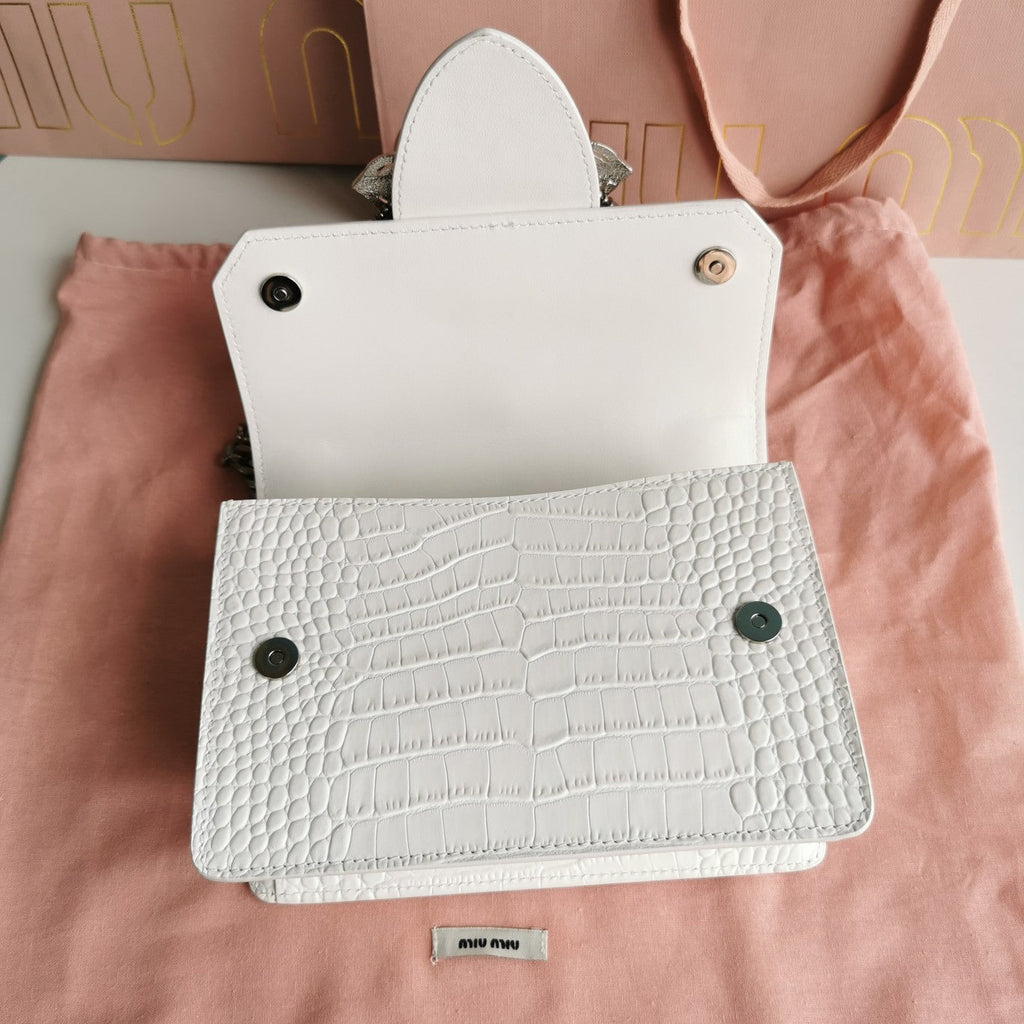 MIU MIU LADY 20 HANDBAG IN CROCODILE PATTERN WHITE CREAM CALFSKIN