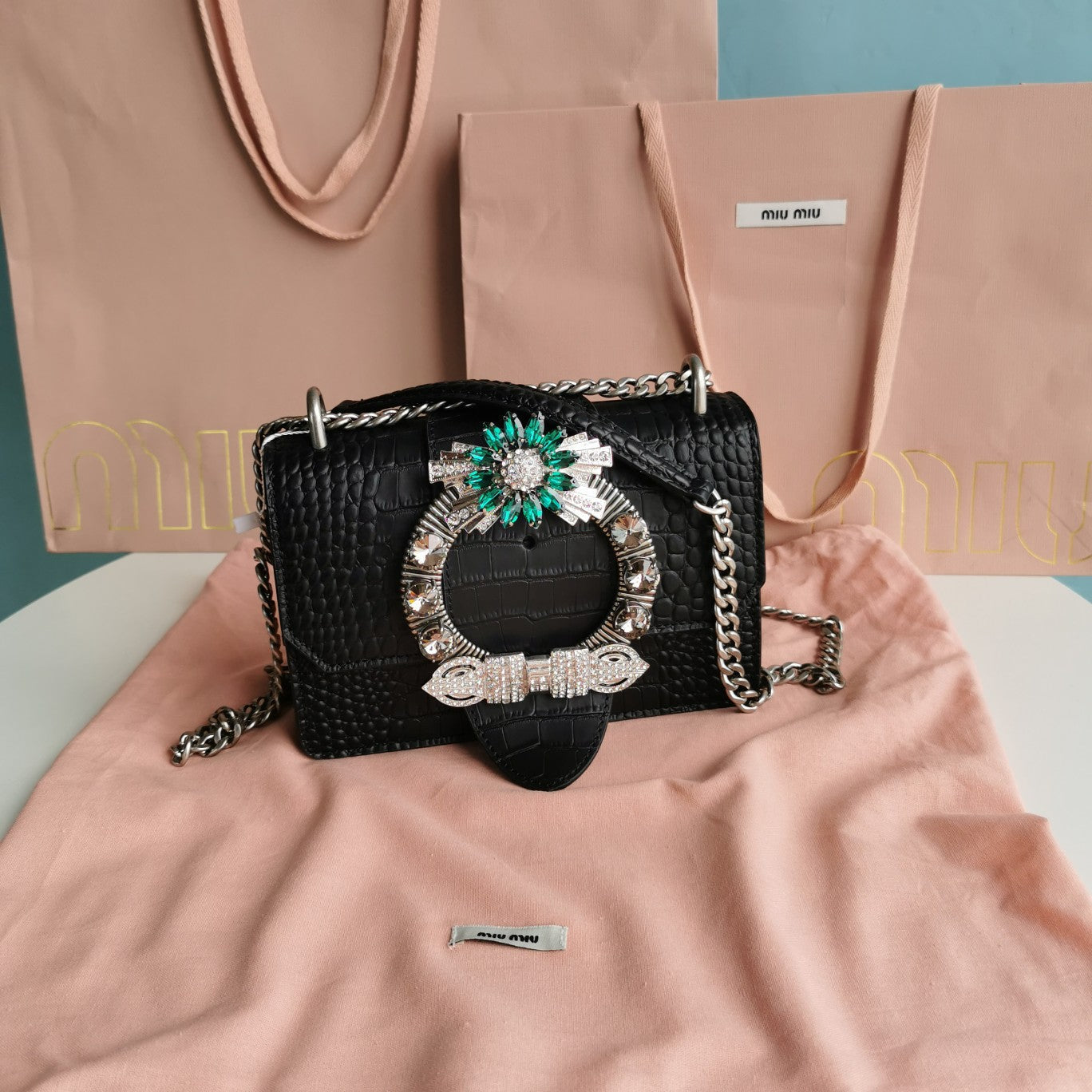 MIU MIU LADY 20 HANDBAG IN CROCODILE PATTERN BLACK CALFSKIN