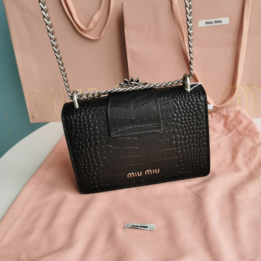 MIU MIU LADY 20 HANDBAG IN CROCODILE PATTERN BLACK CALFSKIN
