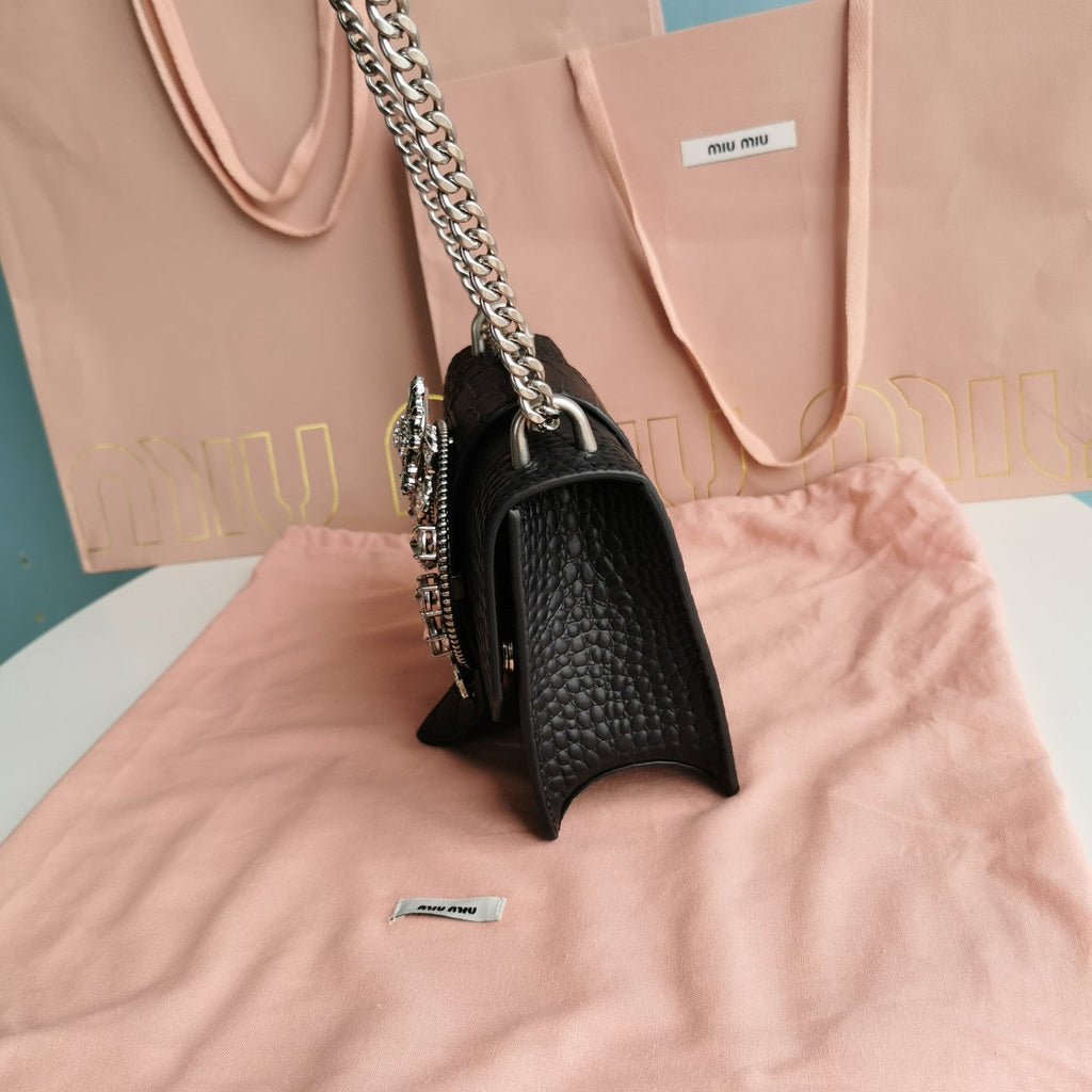 MIU MIU LADY 20 HANDBAG IN CROCODILE PATTERN BLACK CALFSKIN