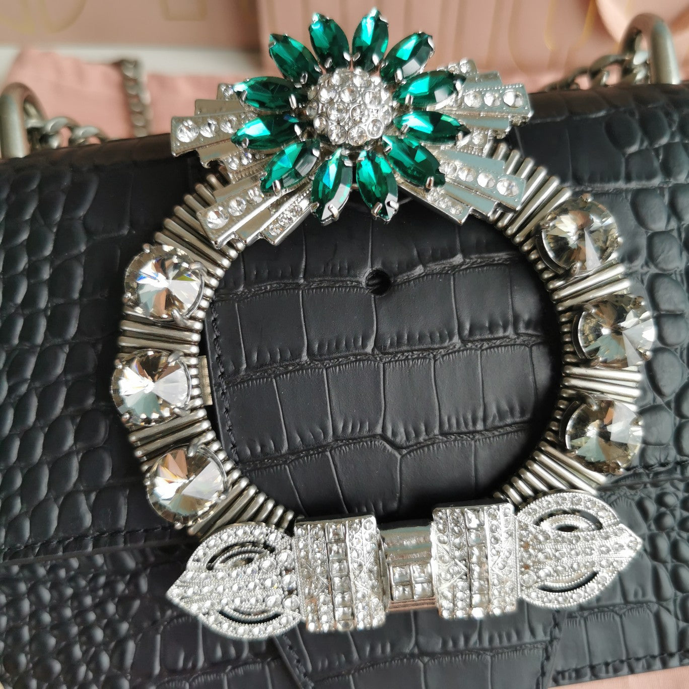 MIU MIU LADY 20 HANDBAG IN CROCODILE PATTERN BLACK CALFSKIN