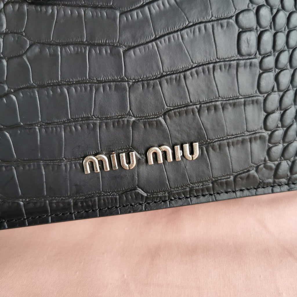MIU MIU LADY 20 HANDBAG IN CROCODILE PATTERN BLACK CALFSKIN