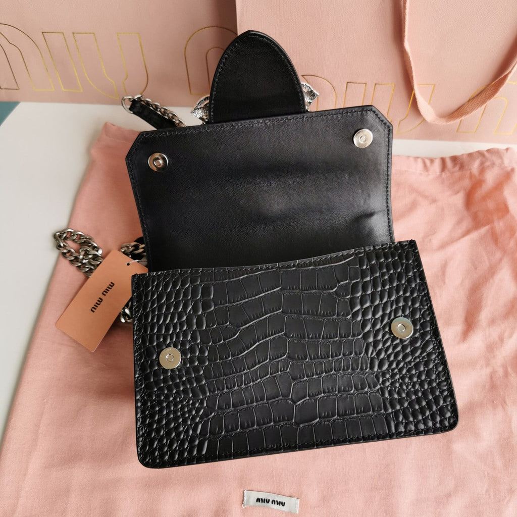 MIU MIU LADY 20 HANDBAG IN CROCODILE PATTERN BLACK CALFSKIN