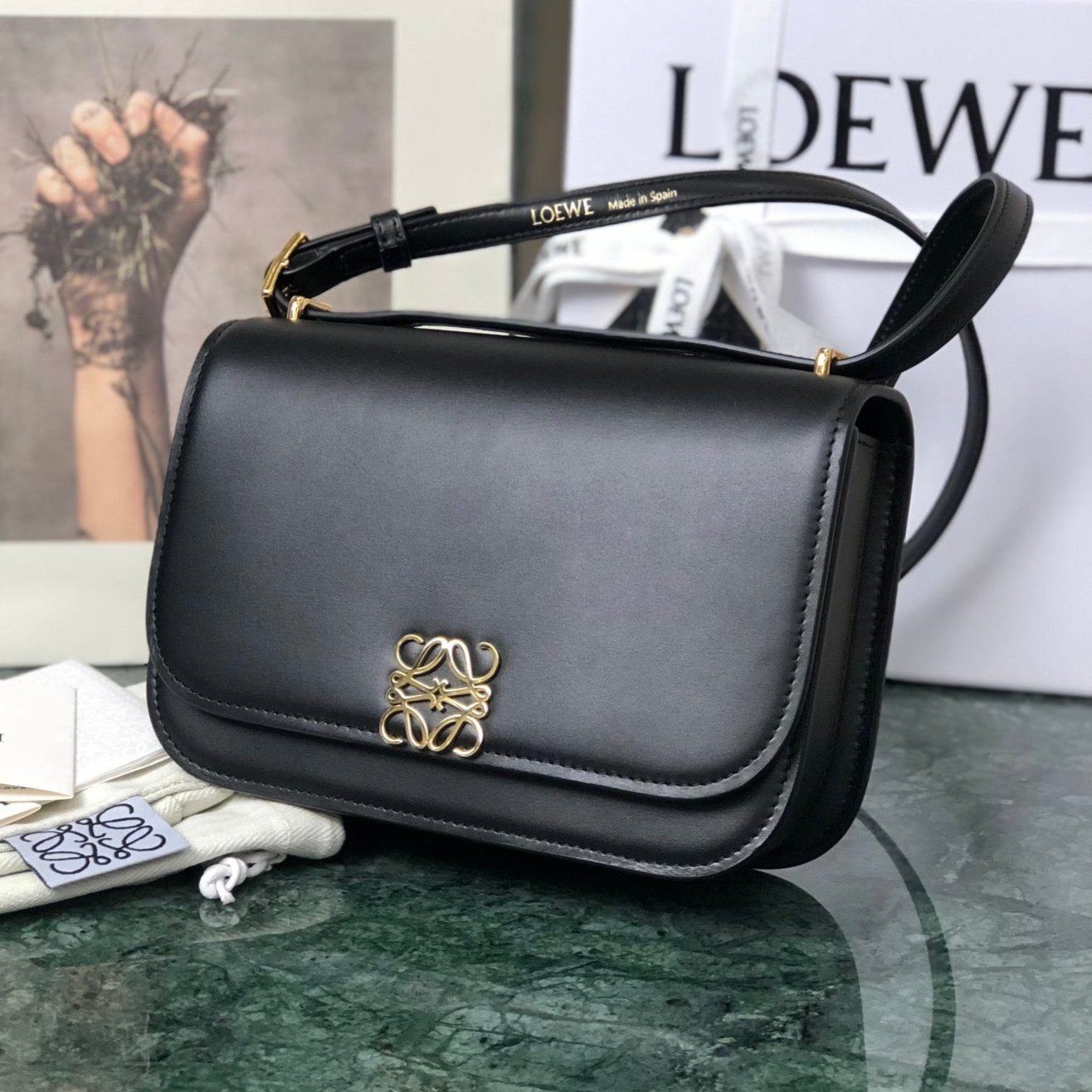 LOEWE LOE GOYA BAG 18 IN BLACK SILK CALFSKIN