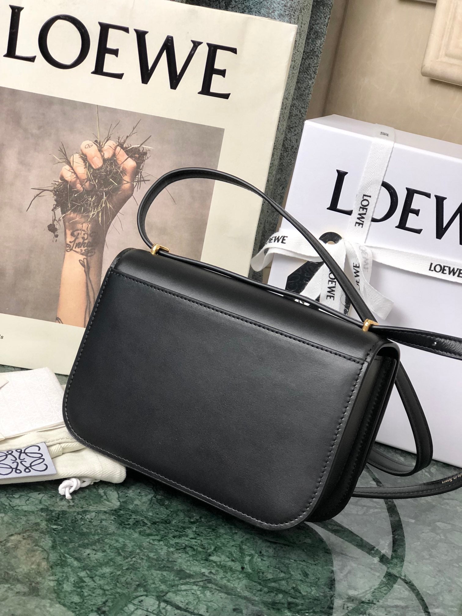 LOEWE LOE GOYA BAG 18 IN BLACK SILK CALFSKIN